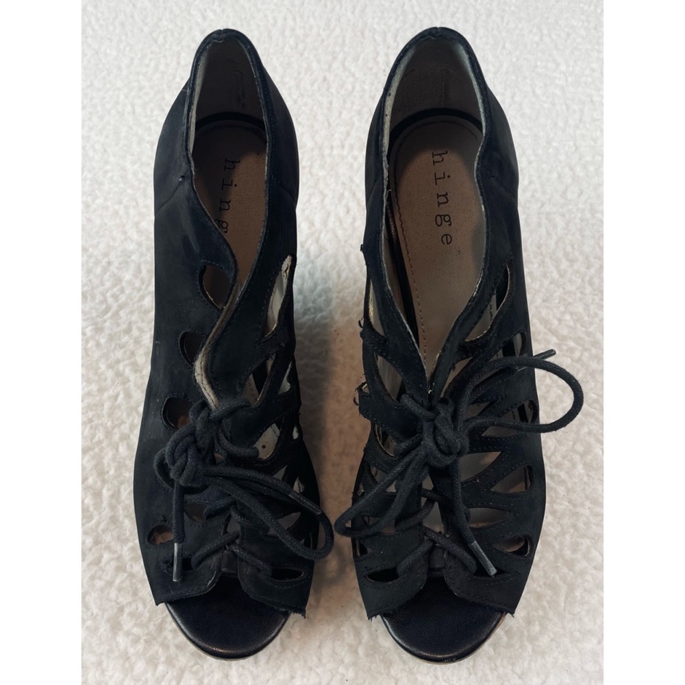 HINGE • Lea Black Suede Leather Lace-Up Cork Sandal Wedges, 8 - Picture 3 of 16